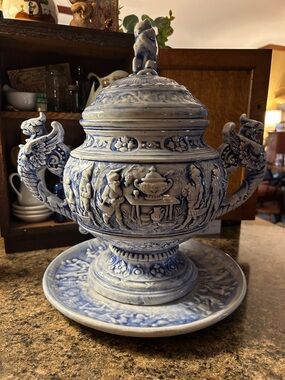 Grimm's Fairy Tale Gnome Blue German Majolica Tureen